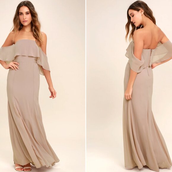 Lulus Dresses & Skirts - LIKE NEW Lulu's Taupe Off-the-Shoulder Maxi Dress